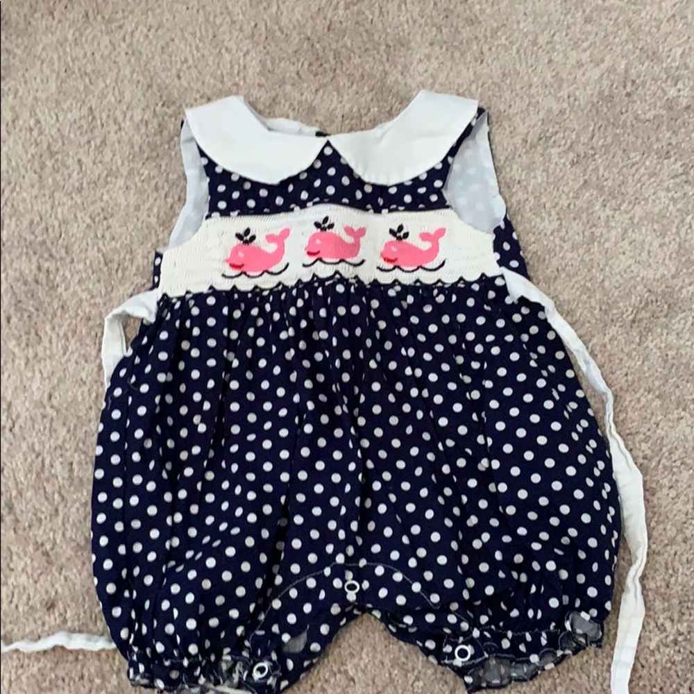 Smocked Pink and navy whale bubble